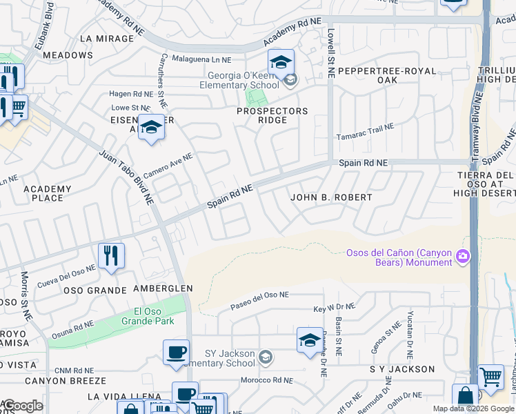 map of restaurants, bars, coffee shops, grocery stores, and more near 5401 Vista Bonita Northeast in Albuquerque