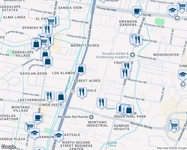 map of restaurants, bars, coffee shops, grocery stores, and more near 121 La Plata Road Northwest in Albuquerque