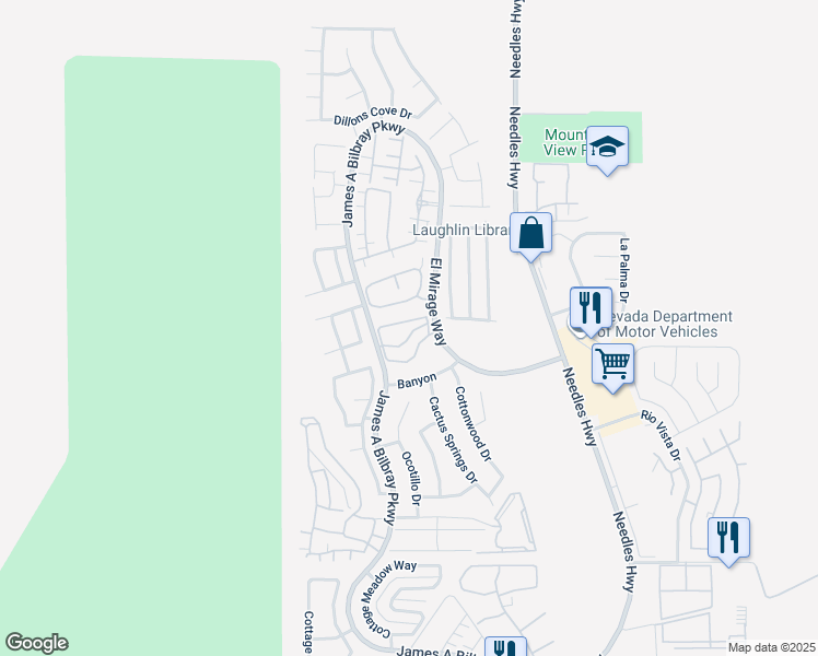 map of restaurants, bars, coffee shops, grocery stores, and more near 2211 Rugged Mesa Drive in Laughlin