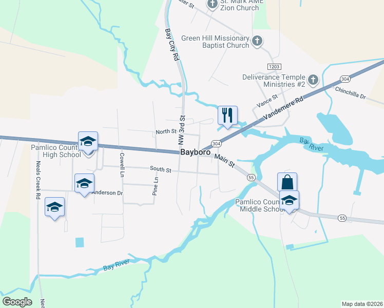 map of restaurants, bars, coffee shops, grocery stores, and more near in Bayboro
