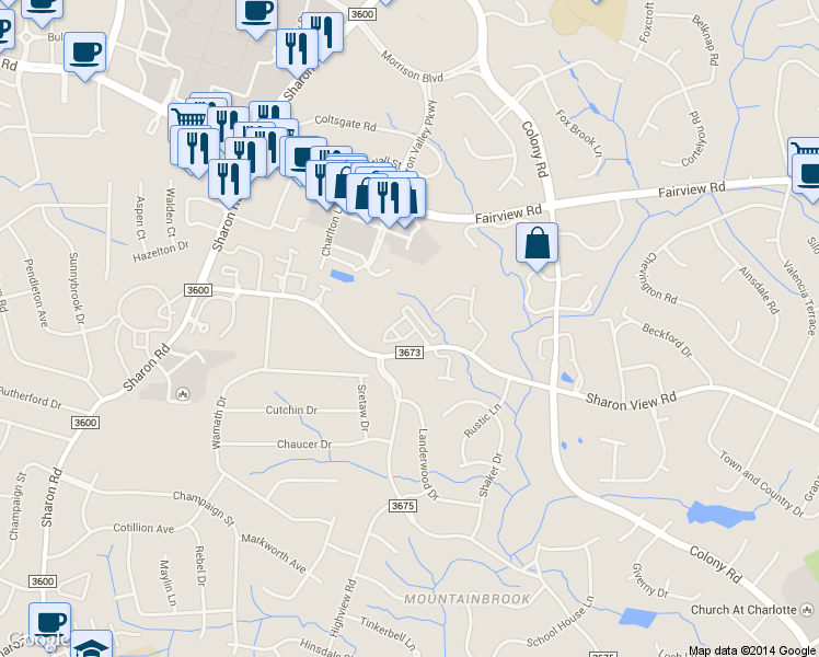 map of restaurants, bars, coffee shops, grocery stores, and more near 4830 South Hill View Drive in Charlotte
