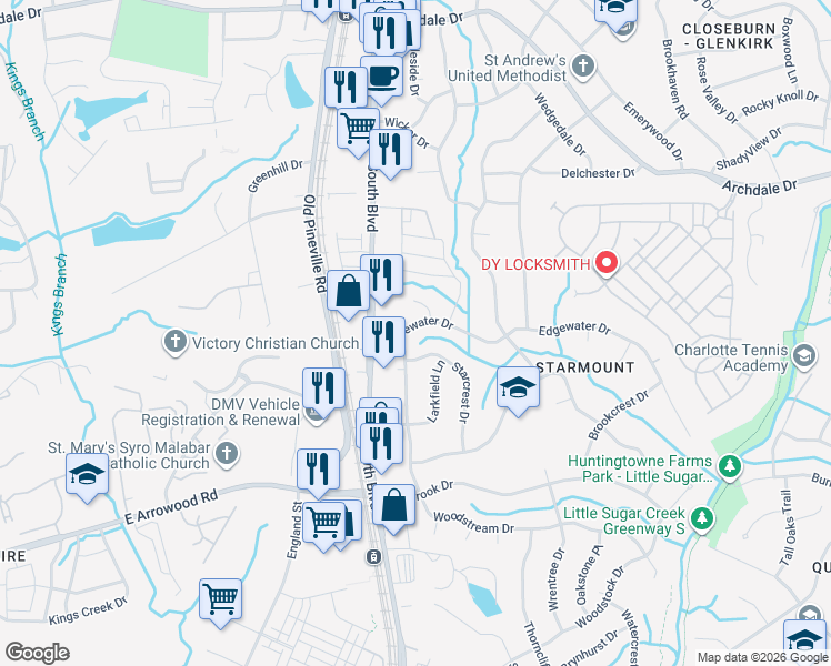 map of restaurants, bars, coffee shops, grocery stores, and more near 6623 South Boulevard in Charlotte