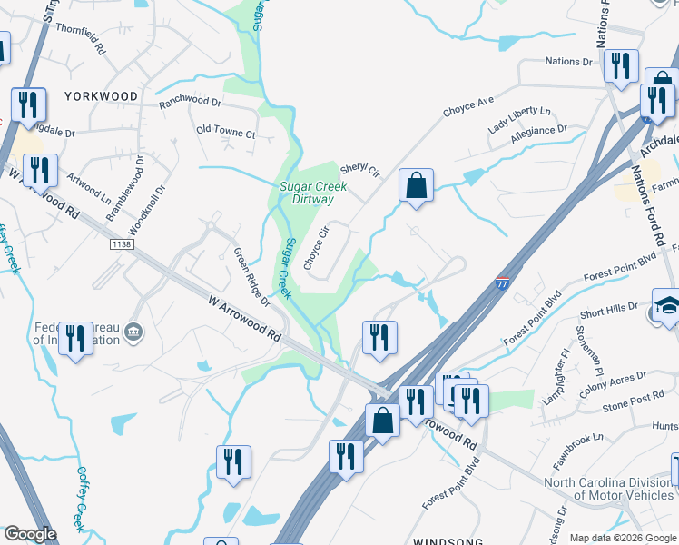 map of restaurants, bars, coffee shops, grocery stores, and more near 2026 Choyce Circle in Charlotte