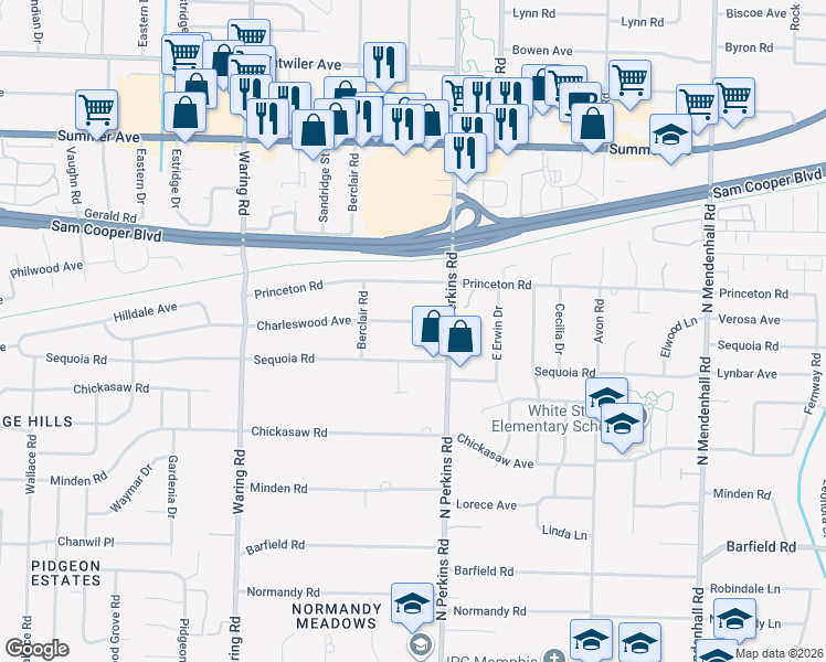 map of restaurants, bars, coffee shops, grocery stores, and more near 4558 Charleswood Avenue in Memphis