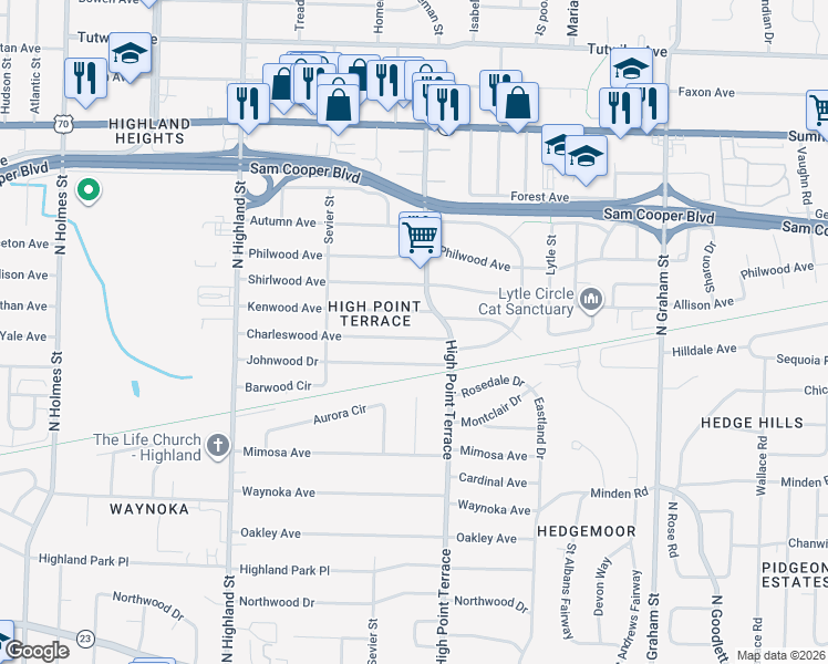 map of restaurants, bars, coffee shops, grocery stores, and more near 3680 Kenwood Avenue in Memphis