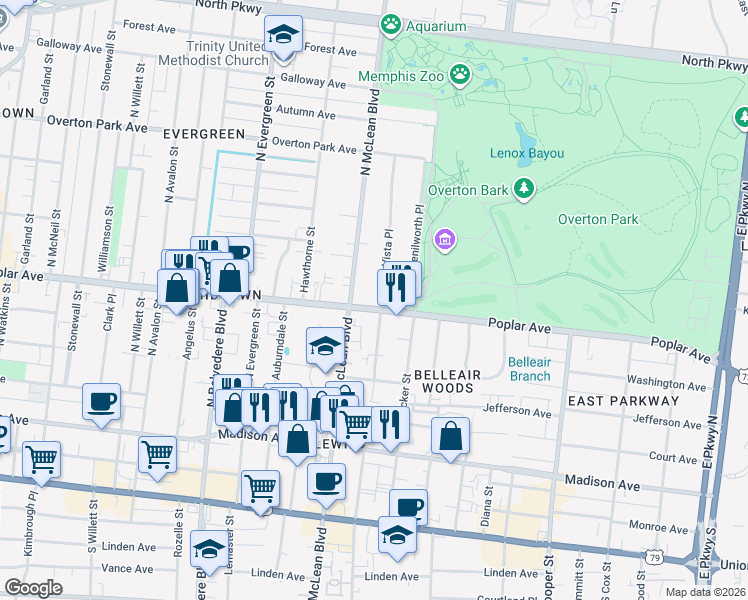map of restaurants, bars, coffee shops, grocery stores, and more near 220 North McLean Boulevard in Memphis