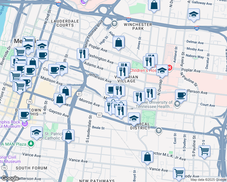 map of restaurants, bars, coffee shops, grocery stores, and more near 655 Jefferson Avenue in Memphis