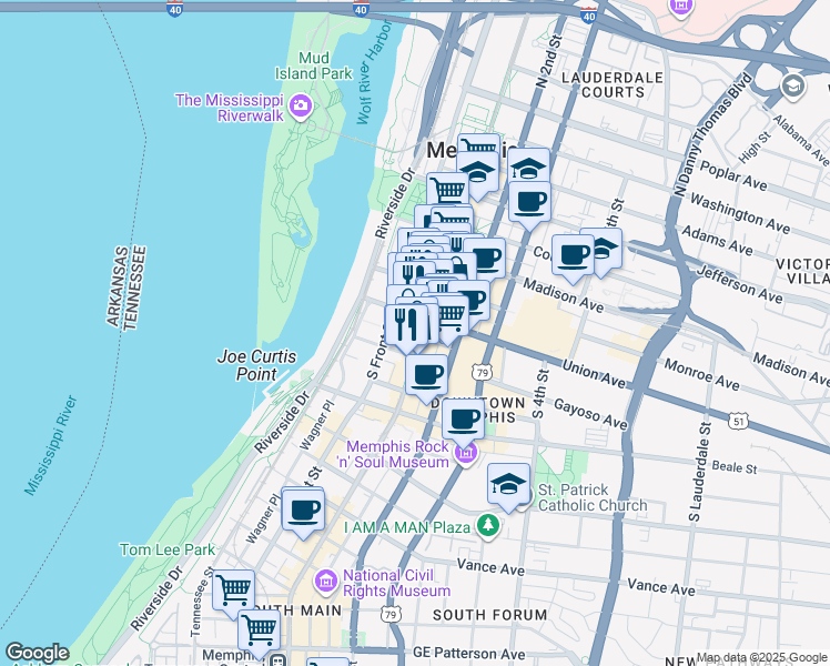 map of restaurants, bars, coffee shops, grocery stores, and more near 88 Union Avenue in Memphis