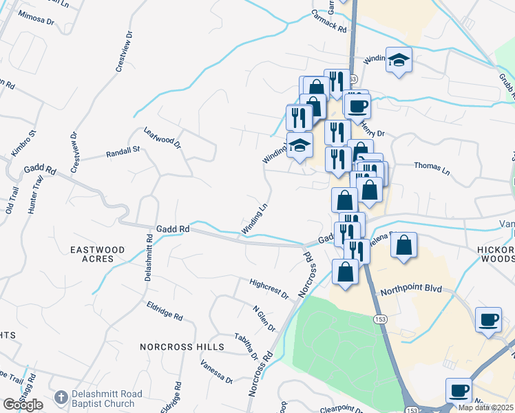 map of restaurants, bars, coffee shops, grocery stores, and more near 4817 Winding Lane in Chattanooga