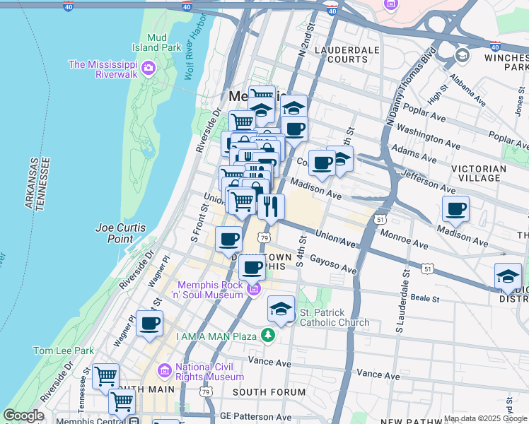 map of restaurants, bars, coffee shops, grocery stores, and more near 195 Madison Avenue in Memphis