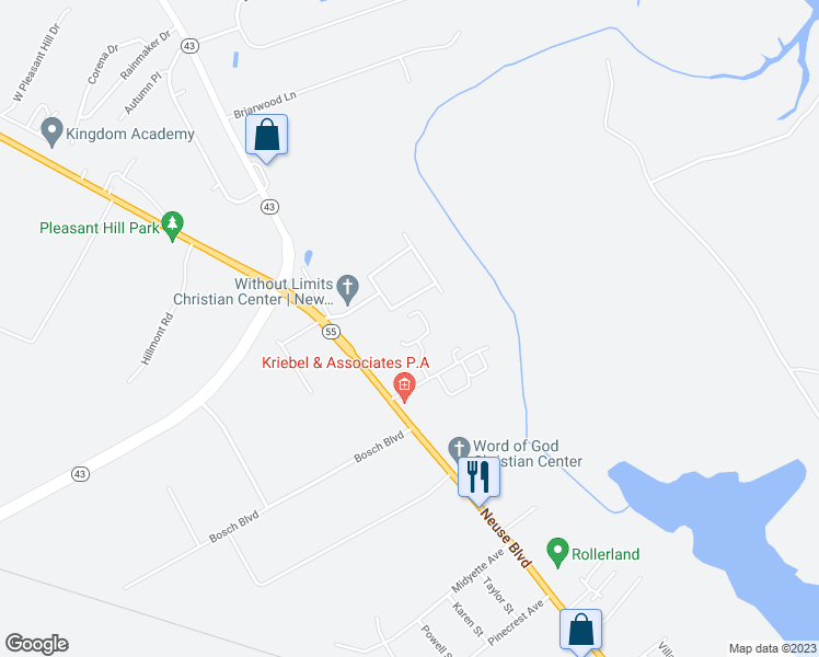map of restaurants, bars, coffee shops, grocery stores, and more near 3003 Kensington Park Drive in New Bern