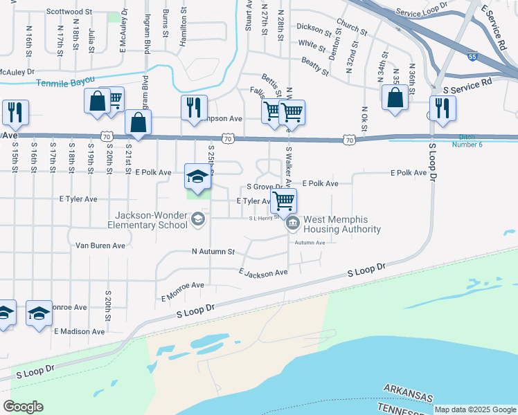 map of restaurants, bars, coffee shops, grocery stores, and more near 2706 South Grove Drive in West Memphis