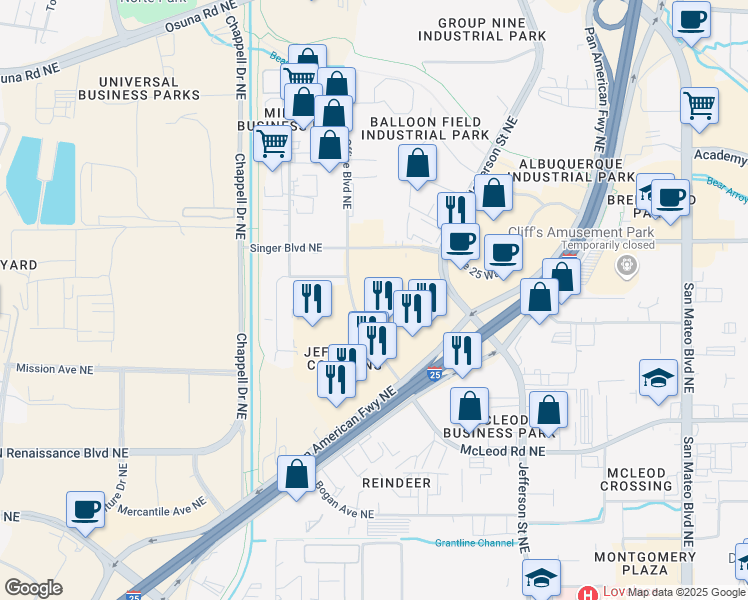 map of restaurants, bars, coffee shops, grocery stores, and more near 5601 Office Boulevard Northeast in Albuquerque
