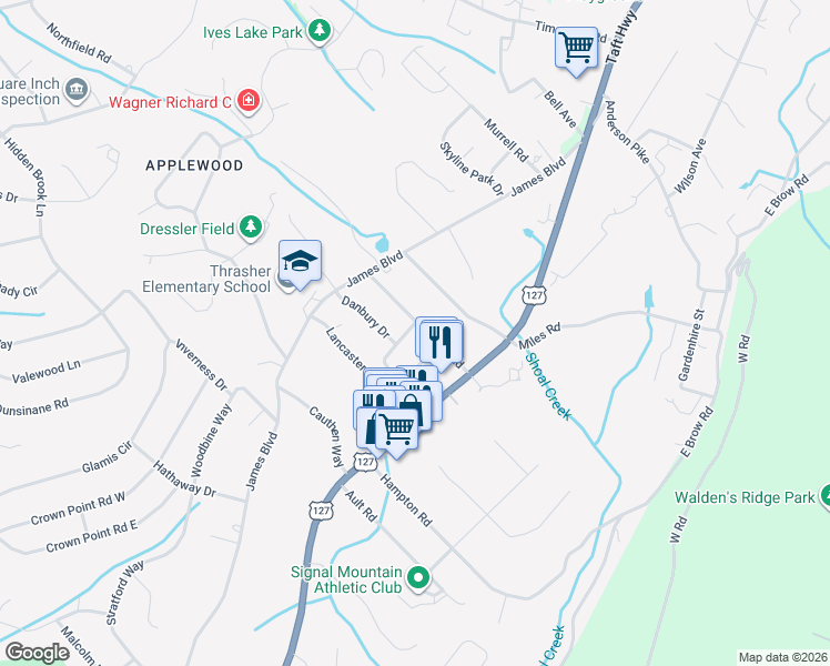 map of restaurants, bars, coffee shops, grocery stores, and more near 701 Albert Road in Signal Mountain