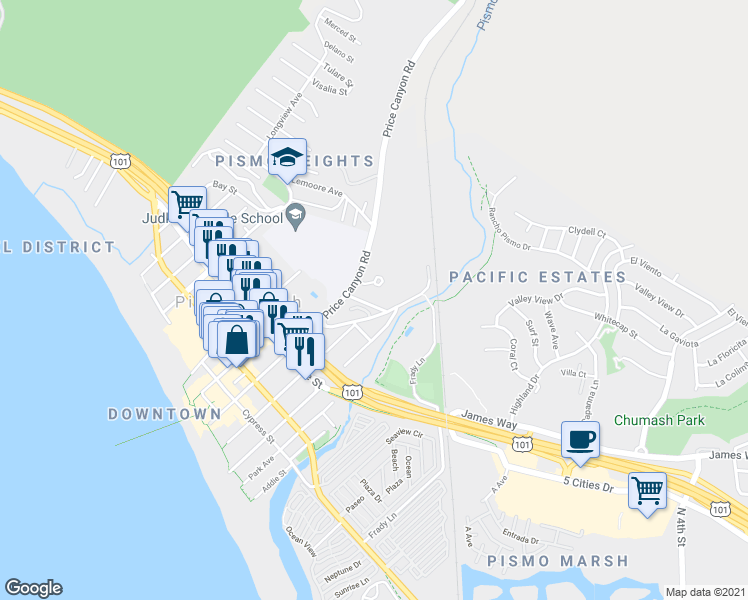 map of restaurants, bars, coffee shops, grocery stores, and more near 440 Solar Way in Pismo Beach