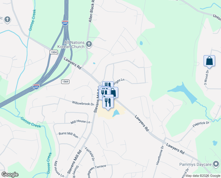 map of restaurants, bars, coffee shops, grocery stores, and more near 1015 Millwright Lane in Matthews