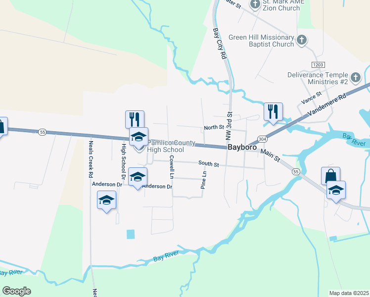 map of restaurants, bars, coffee shops, grocery stores, and more near 411 Main Street in Bayboro