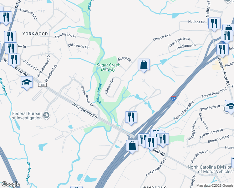 map of restaurants, bars, coffee shops, grocery stores, and more near 2026 Choyce Circle in Charlotte