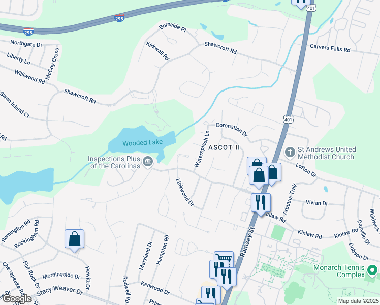 map of restaurants, bars, coffee shops, grocery stores, and more near 6233 Falkland Court in Fayetteville