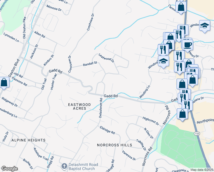 map of restaurants, bars, coffee shops, grocery stores, and more near 5424 Haven Circle in Chattanooga