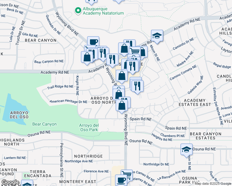 map of restaurants, bars, coffee shops, grocery stores, and more near 5425 Wyoming Boulevard Northeast in Albuquerque