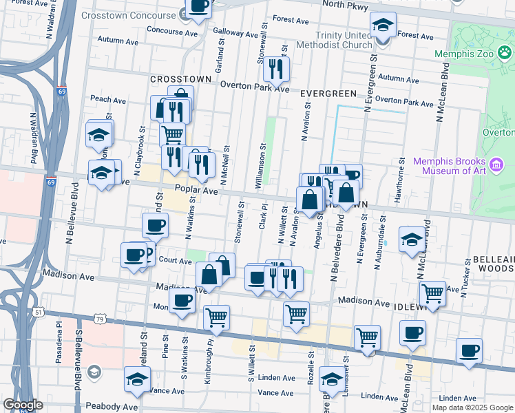 map of restaurants, bars, coffee shops, grocery stores, and more near 1548 Poplar Avenue in Memphis