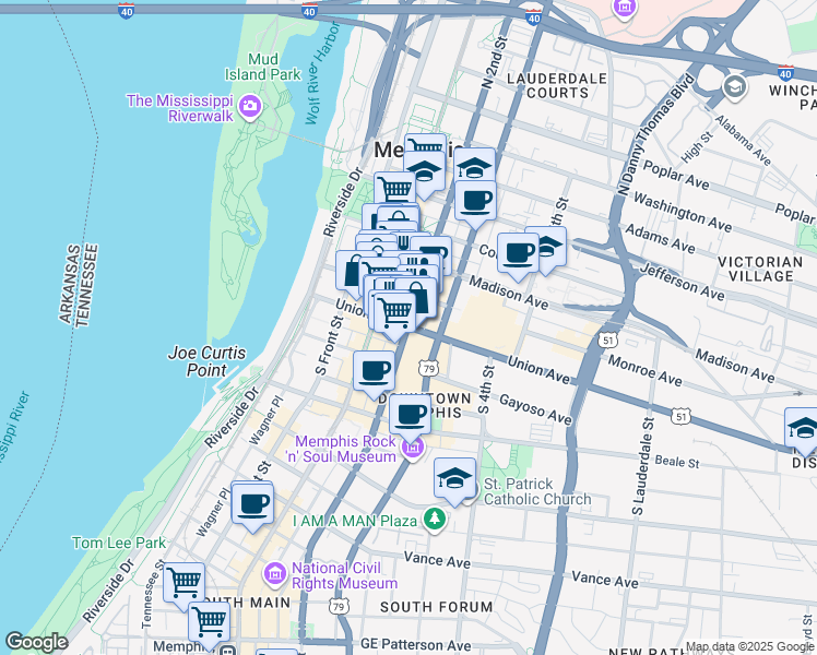 map of restaurants, bars, coffee shops, grocery stores, and more near in Memphis