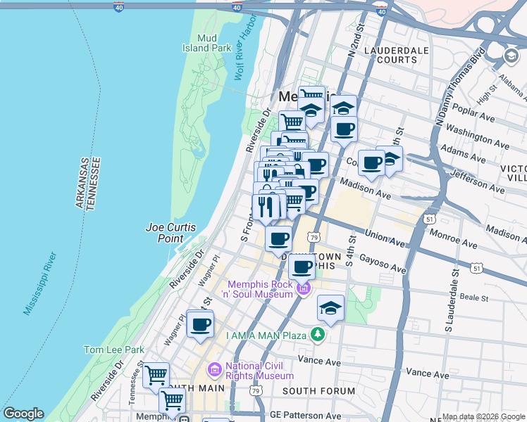 map of restaurants, bars, coffee shops, grocery stores, and more near 88 Union Avenue in Memphis