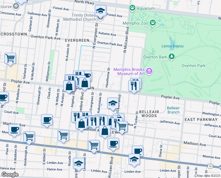 map of restaurants, bars, coffee shops, grocery stores, and more near 1800 Poplar Avenue in Memphis