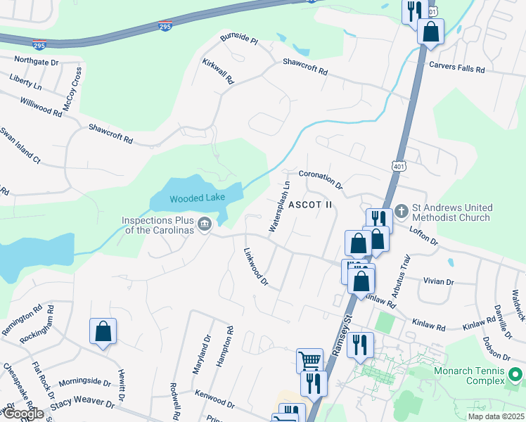 map of restaurants, bars, coffee shops, grocery stores, and more near 6233 Falkland Court in Fayetteville