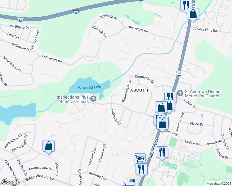 map of restaurants, bars, coffee shops, grocery stores, and more near 6225 Falkland Court in Fayetteville
