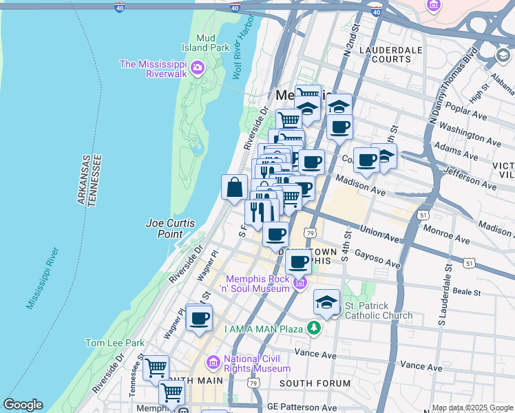 map of restaurants, bars, coffee shops, grocery stores, and more near 41 Union Avenue in Memphis