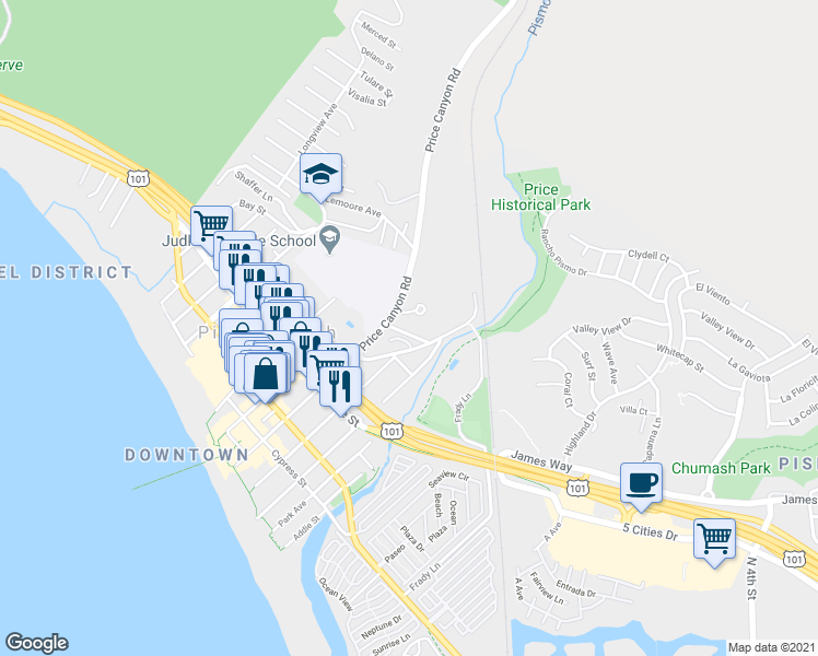 map of restaurants, bars, coffee shops, grocery stores, and more near 481 Dell Court in Pismo Beach