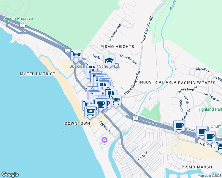 map of restaurants, bars, coffee shops, grocery stores, and more near 80 Main Street in Pismo Beach