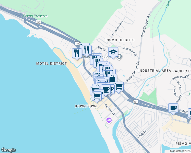 map of restaurants, bars, coffee shops, grocery stores, and more near 369 Wadsworth Avenue in Pismo Beach