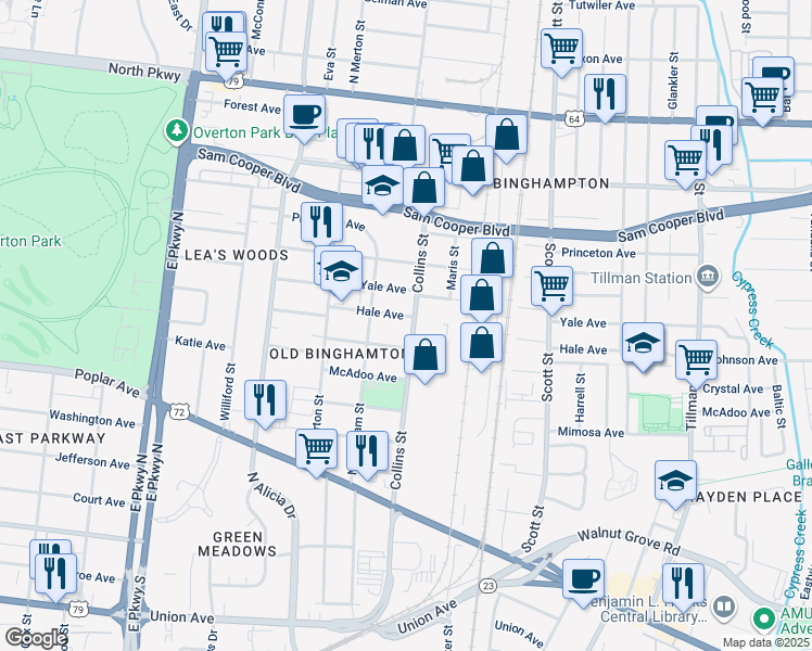map of restaurants, bars, coffee shops, grocery stores, and more near 313 Collins Street in Memphis