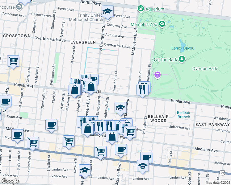 map of restaurants, bars, coffee shops, grocery stores, and more near 1806 Poplar Avenue in Memphis