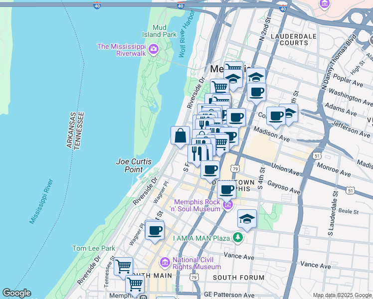 map of restaurants, bars, coffee shops, grocery stores, and more near 41 Union Avenue in Memphis