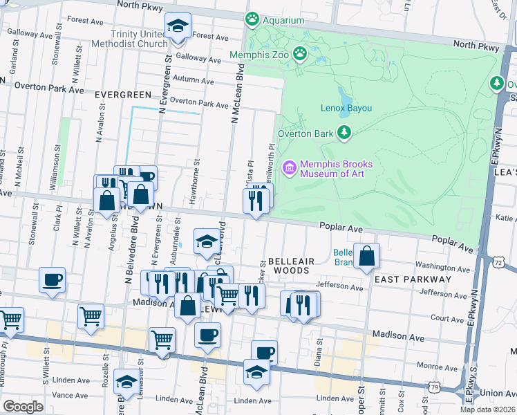 map of restaurants, bars, coffee shops, grocery stores, and more near 220 Buena Vista Place in Memphis