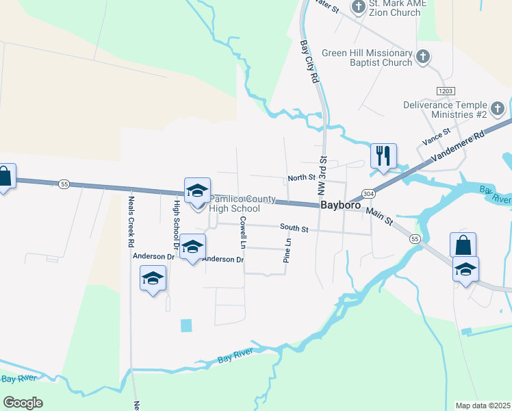 map of restaurants, bars, coffee shops, grocery stores, and more near 413 Main Street in Bayboro