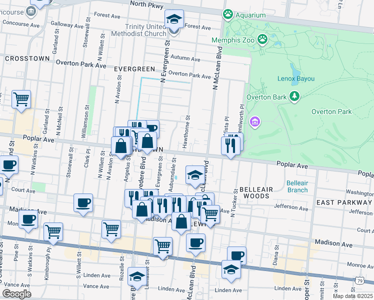 map of restaurants, bars, coffee shops, grocery stores, and more near 1806 Poplar Avenue in Memphis