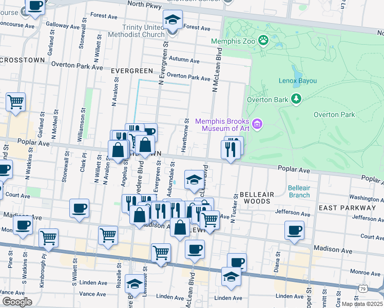map of restaurants, bars, coffee shops, grocery stores, and more near 1800 Poplar Avenue in Memphis