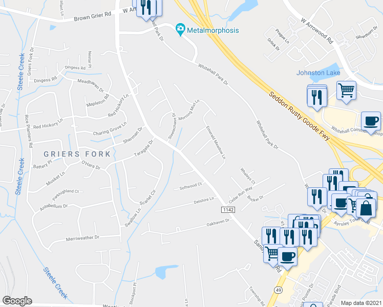 map of restaurants, bars, coffee shops, grocery stores, and more near 9050 Country Barn Court in Charlotte