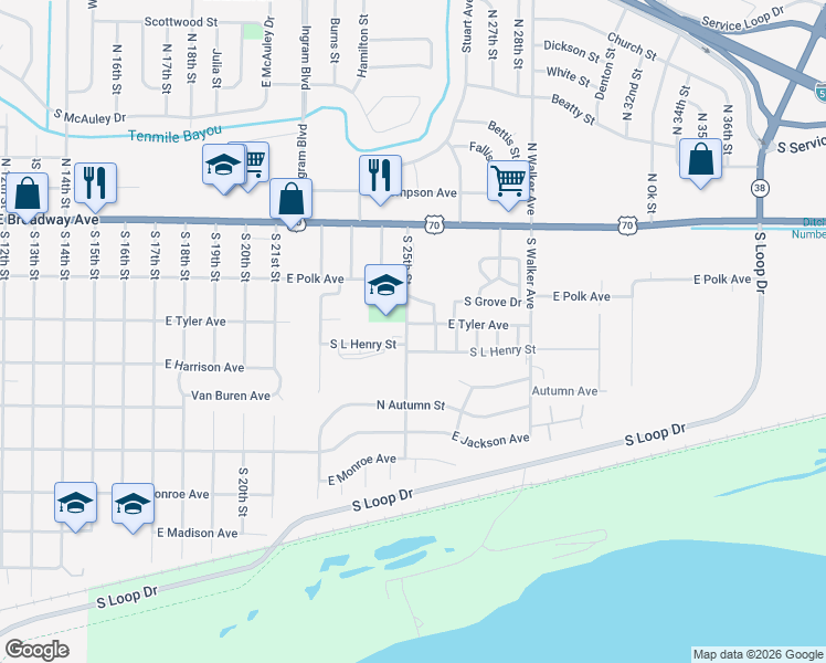 map of restaurants, bars, coffee shops, grocery stores, and more near 2500 East Tyler Avenue in West Memphis