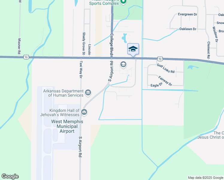 map of restaurants, bars, coffee shops, grocery stores, and more near 200 College Boulevard in West Memphis