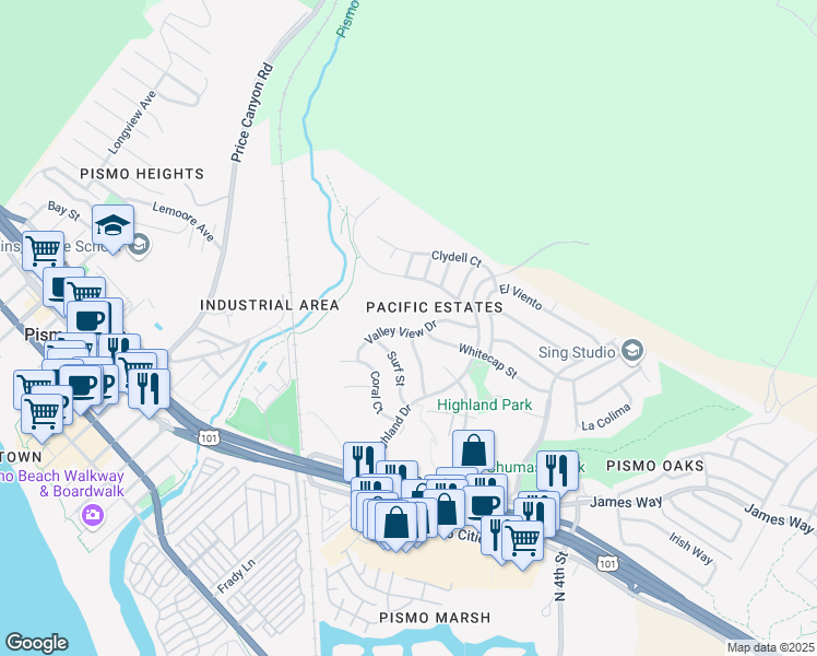 map of restaurants, bars, coffee shops, grocery stores, and more near 300 Valley View Drive in Pismo Beach