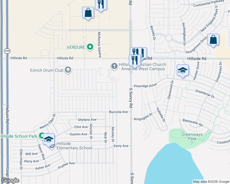 map of restaurants, bars, coffee shops, grocery stores, and more near 6401 Nick St in Amarillo