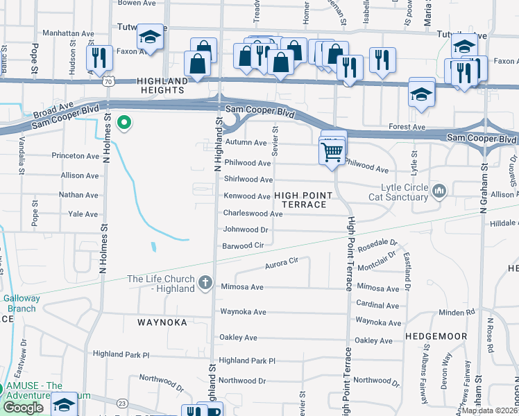map of restaurants, bars, coffee shops, grocery stores, and more near 3593 Kenwood Avenue in Memphis