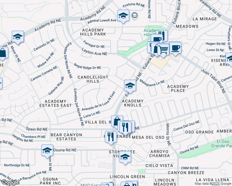 map of restaurants, bars, coffee shops, grocery stores, and more near 9712 Avenida de la Luna North East in Albuquerque