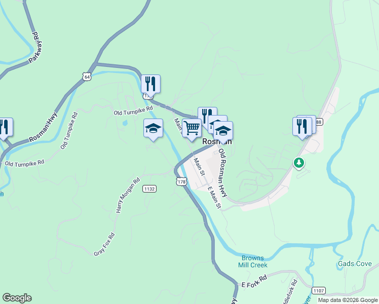 map of restaurants, bars, coffee shops, grocery stores, and more near 170 Main Street in Rosman